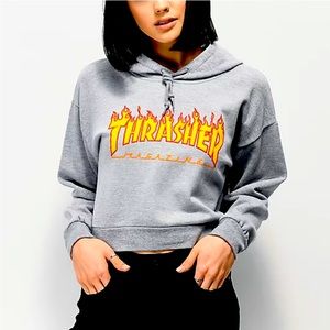 NWOT Thrasher Flame Logo Grey Crop Hoodie S